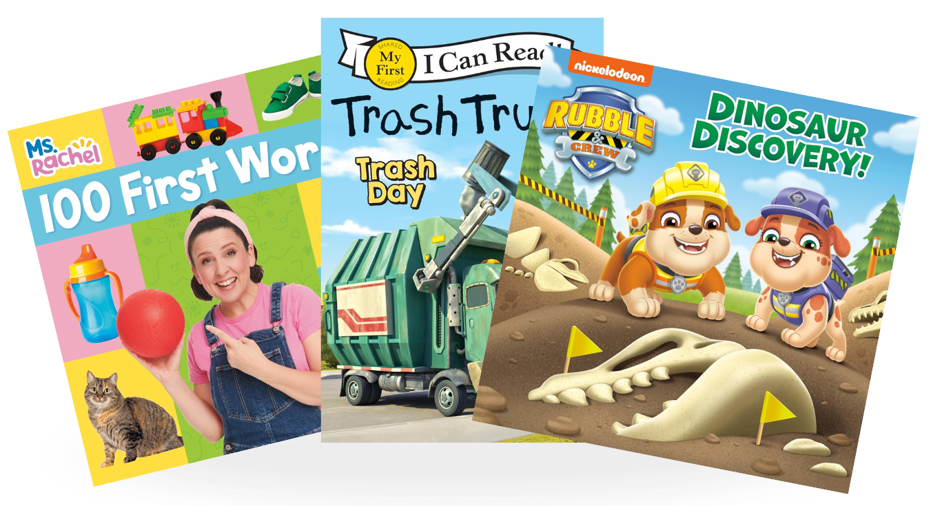 Example books displayed include 100 First Words by Ms Rachel, Trash Truck, and Dinosaur Discovery