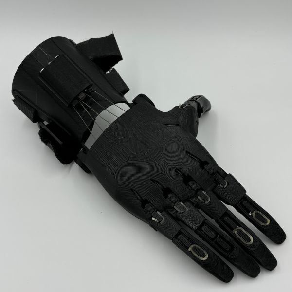 Prosthetic hand printed in black filament.