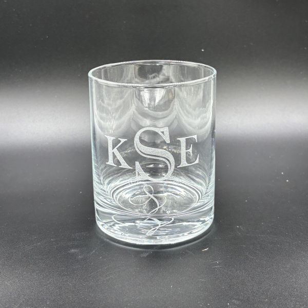 Rocks glass etched with the initials KSE
