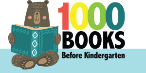 LINK to log into 1,000 Books Before Kindergarten program, image of cartoon animals reading books