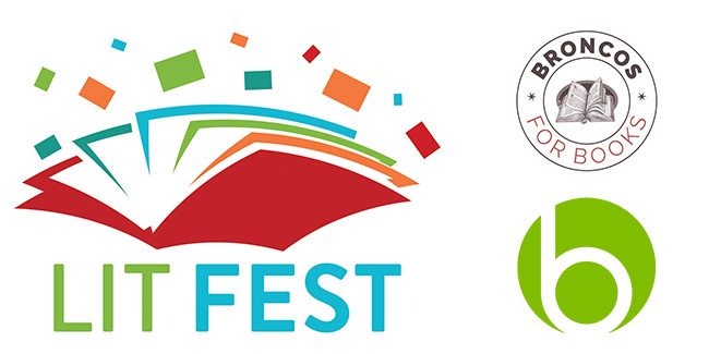 Lit Fest logo with red book with brightly colored pages, confetti flying out of book. Logo for Broncos With Books with open book image, green and white lowercase b logo for Barrington Area Library