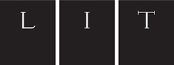 Black squares with letters L I T in them, white font, logo for LIT book club
