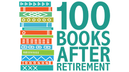 Logo that looks like a stack of books with words 100 Books After Retirement, LINK scroll down to sign up for 100 Books After Retirement reading initiative from the Barrington Area Library