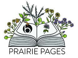 Logo for Prairie Pages book club, open book with lowercase b on left side page, wildflower on right side page, wild native plants growing out of the book, wording Prairie Pages