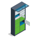 Simple image of automated pick-up lockers, learn more about using the Library's automated pick-up lockers, remote book returns in various locations in the community, and other delivery and pick-up options