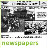 Newspaper headline from old Barrington Courier issue, cover story about opening of Poplar Creek Music Center, text reads newspapers
