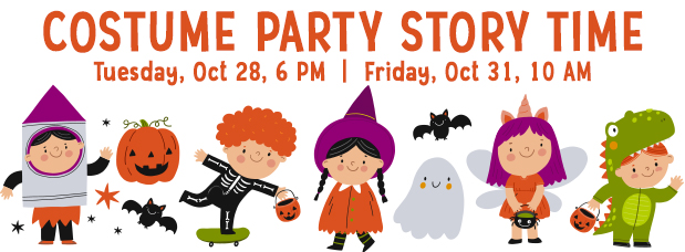 Illustration of children wearing various Halloween costumes, bats flying around, a ghost, text reading Costume Party Story Time, link to more information for two dates