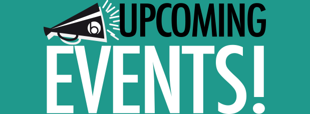 Megaphone and text reading Upcoming Events, LINK to Library Events Calendar